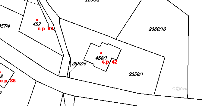 Antonínov 42, Josefův Důl na parcele st. 458/1 v KÚ Antonínov, Katastrální mapa