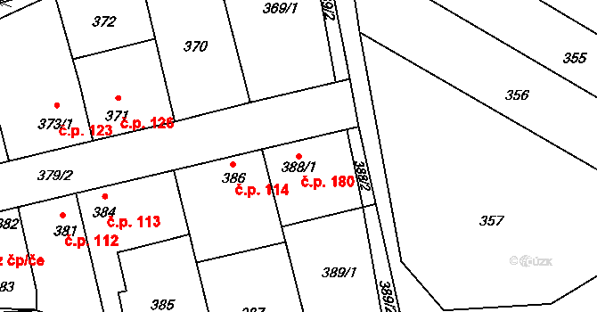 Stehelčeves 180 na parcele st. 388/1 v KÚ Stehelčeves, Katastrální mapa