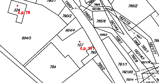 Horní Prysk 101, Prysk na parcele st. 107 v KÚ Horní Prysk, Katastrální mapa
