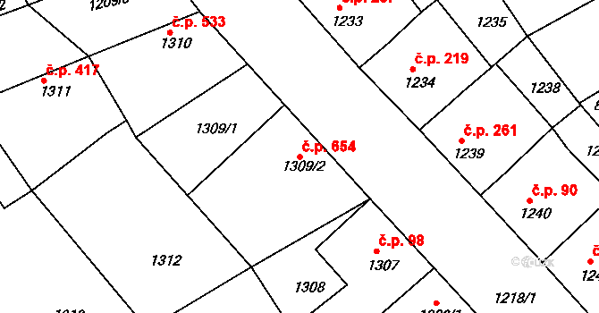 Šardice 654 na parcele st. 1309/2 v KÚ Šardice, Katastrální mapa