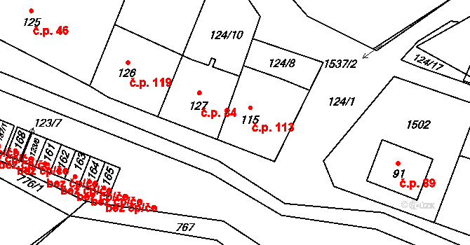 Kozlov 113 na parcele st. 115 v KÚ Kozlov u Jihlavy, Katastrální mapa