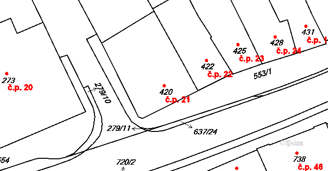 Rousínov 21 na parcele st. 420 v KÚ Rousínov u Vyškova, Katastrální mapa