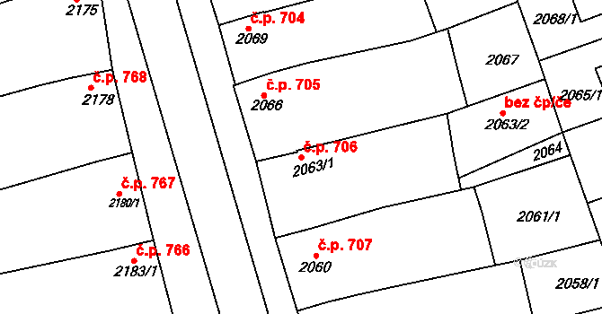 Slavíkovice 706, Rousínov na parcele st. 2063/1 v KÚ Rousínov u Vyškova, Katastrální mapa