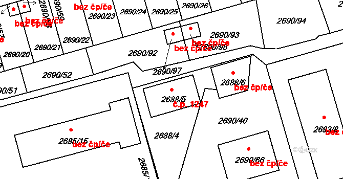 Benešov 1247 na parcele st. 2688/5 v KÚ Benešov u Prahy, Katastrální mapa