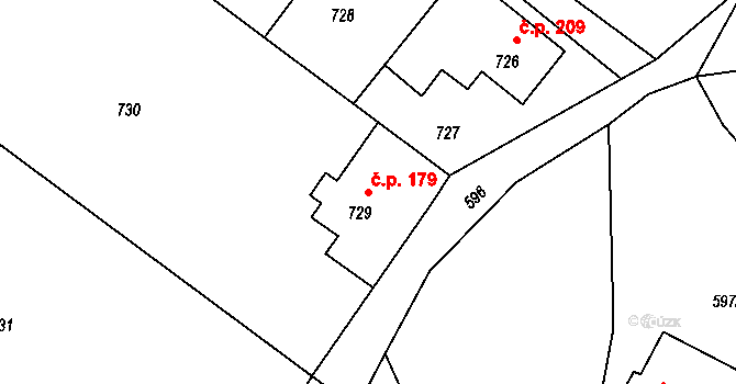 Donín 179, Hrádek nad Nisou na parcele st. 729 v KÚ Donín u Hrádku nad Nisou, Katastrální mapa