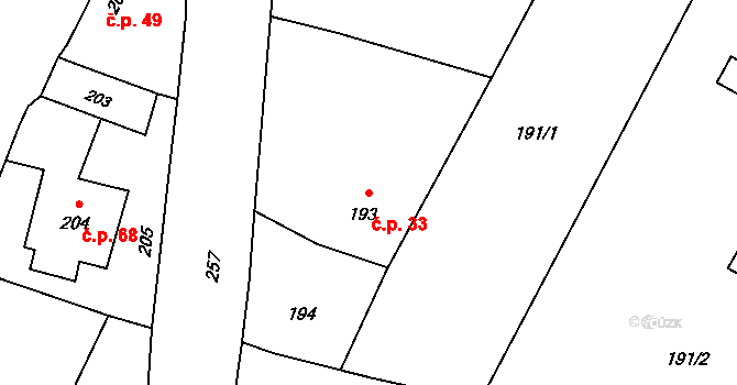 Lazce 33, Troubelice na parcele st. 193/1 v KÚ Lazce u Troubelic, Katastrální mapa