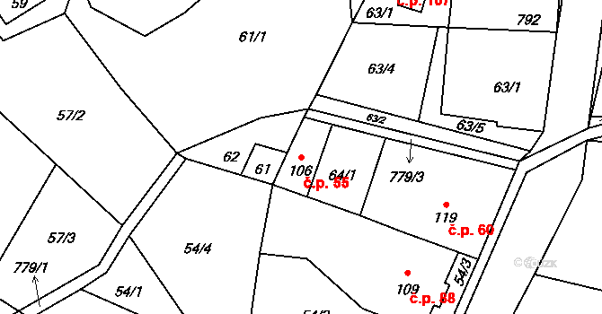 Býčkovice 55 na parcele st. 106 v KÚ Býčkovice, Katastrální mapa