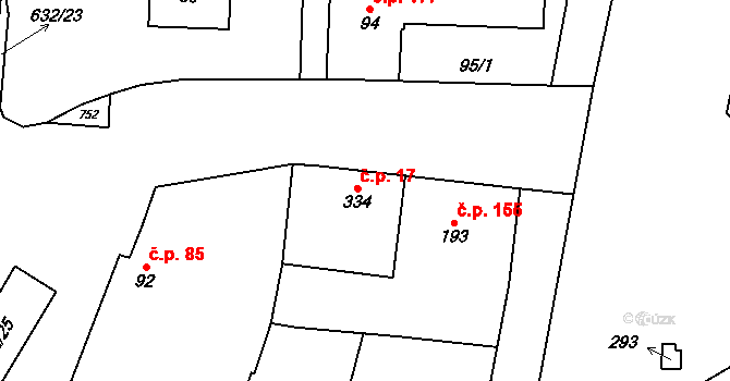 Dymokury 17 na parcele st. 334 v KÚ Dymokury, Katastrální mapa