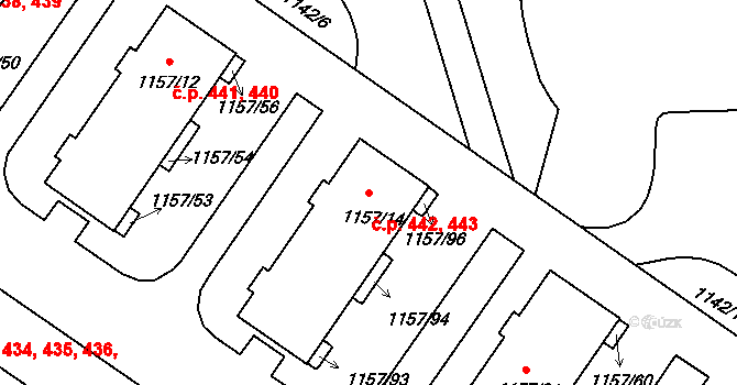Jarošov 442,443, Uherské Hradiště na parcele st. 1157/14 v KÚ Jarošov u Uherského Hradiště, Katastrální mapa