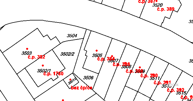 Černá Pole 384, Brno na parcele st. 3505 v KÚ Černá Pole, Katastrální mapa