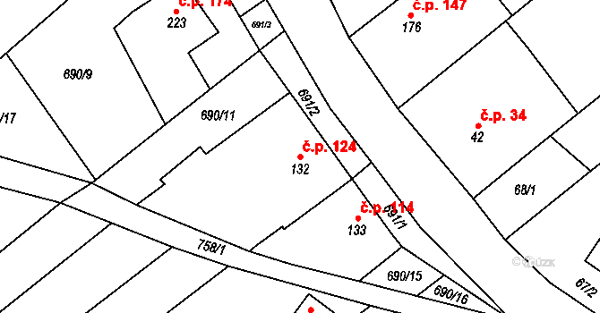 Šošůvka 124 na parcele st. 132 v KÚ Šošůvka, Katastrální mapa