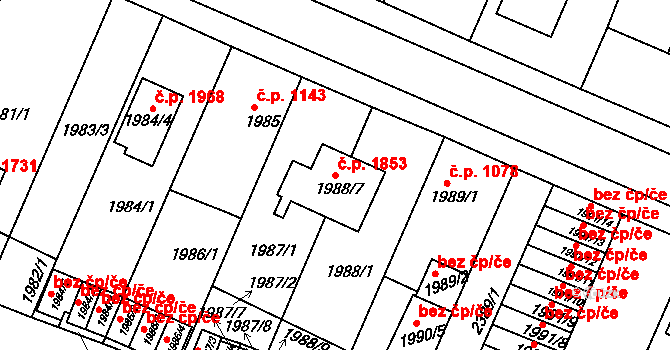 Trnovany 1853, Teplice na parcele st. 1988/7 v KÚ Teplice-Trnovany, Katastrální mapa