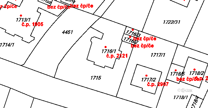 Teplice 2121 na parcele st. 1716/1 v KÚ Teplice, Katastrální mapa