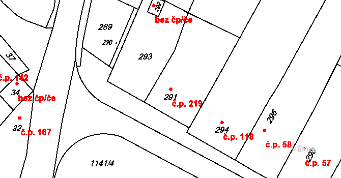 Červenka 219 na parcele st. 291 v KÚ Červenka, Katastrální mapa