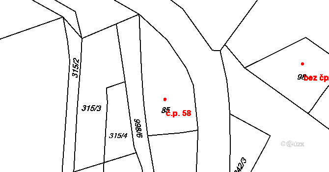 Spůle 58, Janovice nad Úhlavou na parcele st. 85 v KÚ Spůle, Katastrální mapa