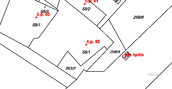 Rodvínov 52 na parcele st. 58/1 v KÚ Rodvínov, Katastrální mapa