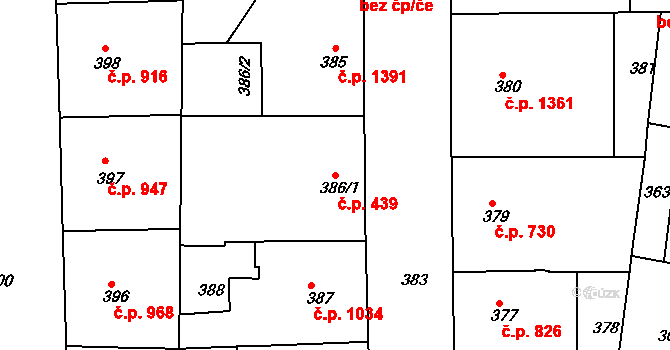 Smíchov 439, Praha na parcele st. 386/1 v KÚ Smíchov, Katastrální mapa