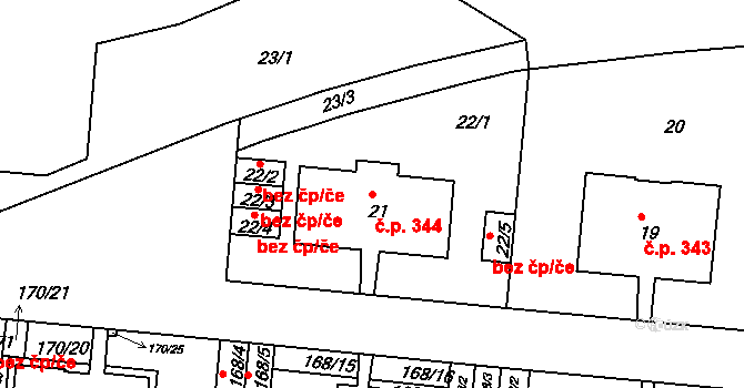 Košíře 344, Praha na parcele st. 21 v KÚ Košíře, Katastrální mapa