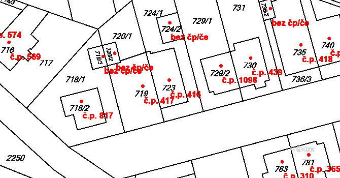 Hostivař 416, Praha na parcele st. 723 v KÚ Hostivař, Katastrální mapa
