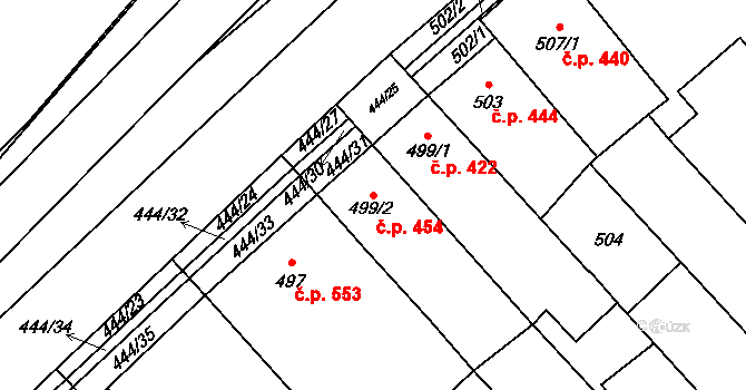 Mikulčice 454 na parcele st. 499/2 v KÚ Mikulčice, Katastrální mapa
