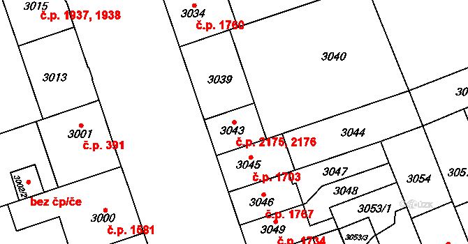 Východní Předměstí 2175,2176, Plzeň na parcele st. 3039 v KÚ Plzeň, Katastrální mapa
