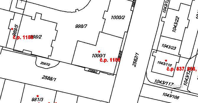 Lobzy 1156, Plzeň na parcele st. 1000/1 v KÚ Doubravka, Katastrální mapa
