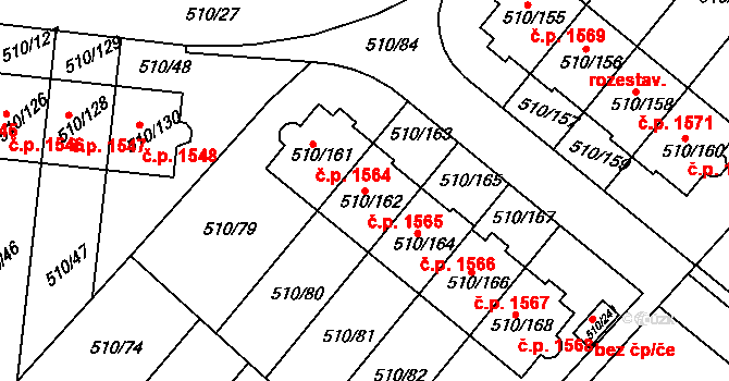 Hostivice 1565 na parcele st. 510/162 v KÚ Hostivice, Katastrální mapa