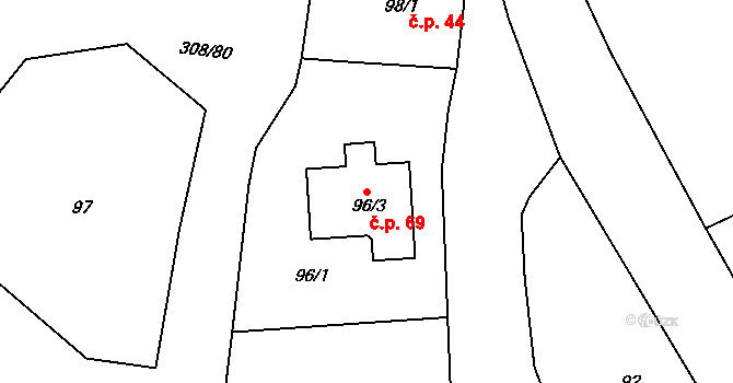 Heroltice 69, Jihlava na parcele st. 96/3 v KÚ Heroltice u Jihlavy, Katastrální mapa