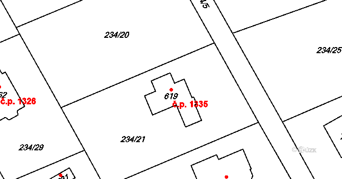 Nová Hospoda 1335, Kamenice na parcele st. 619 v KÚ Štiřín, Katastrální mapa
