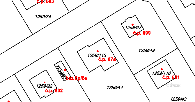 Proboštov 674 na parcele st. 1259/113 v KÚ Proboštov u Teplic, Katastrální mapa