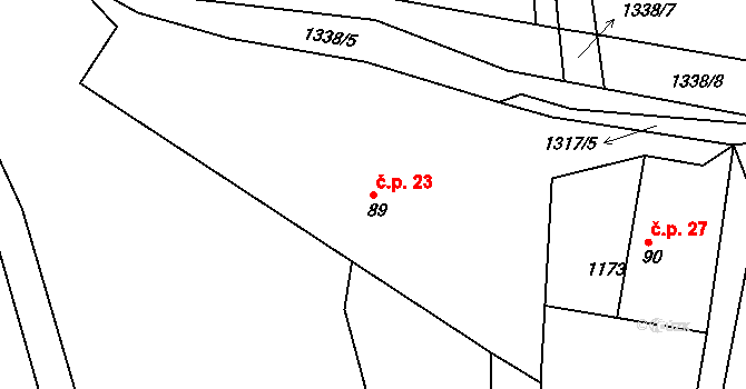 Strážovice 23, Křečovice na parcele st. 89 v KÚ Hořetice, Katastrální mapa