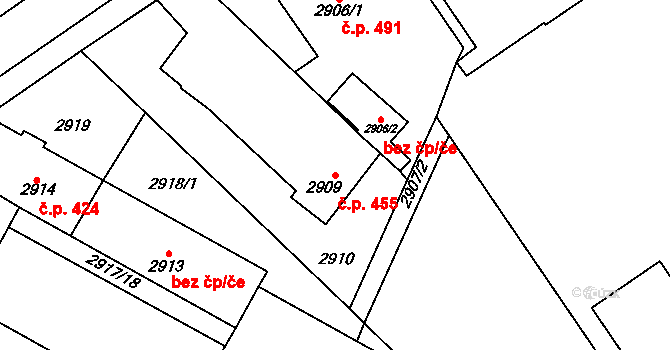 Bystřice nad Pernštejnem 455 na parcele st. 2909 v KÚ Bystřice nad Pernštejnem, Katastrální mapa
