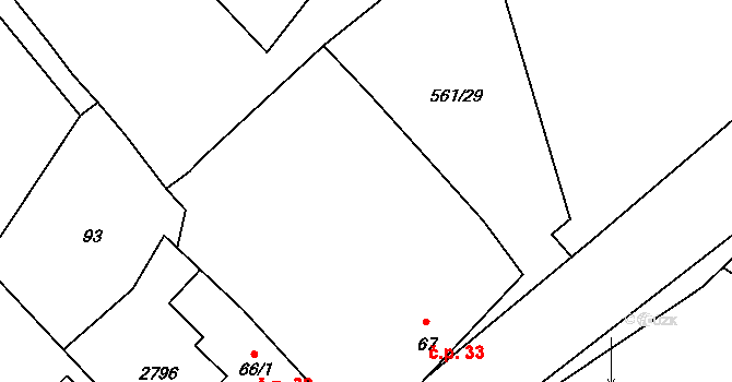 Ovesné Kladruby 33 na parcele st. 67 v KÚ Ovesné Kladruby, Katastrální mapa