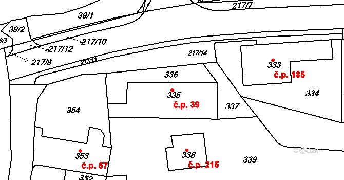 Zádveřice 39, Zádveřice-Raková na parcele st. 335 v KÚ Zádveřice, Katastrální mapa