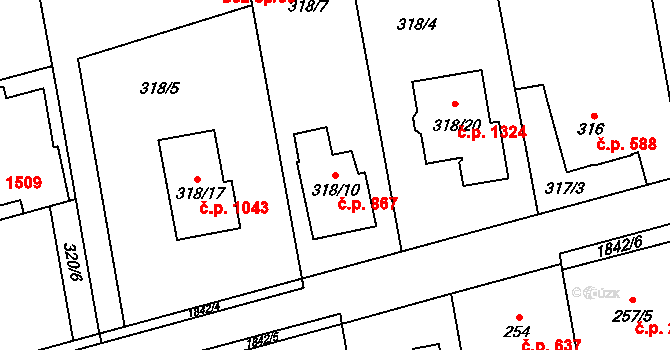 Kylešovice 867, Opava na parcele st. 318/10 v KÚ Kylešovice, Katastrální mapa