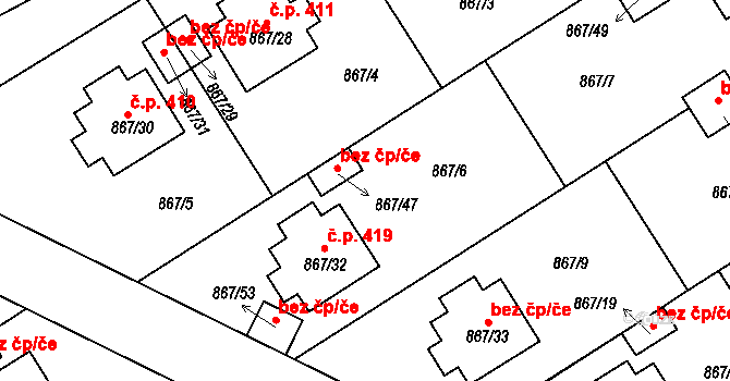 Zruč-Senec 45805067 na parcele st. 867/47 v KÚ Zruč, Katastrální mapa