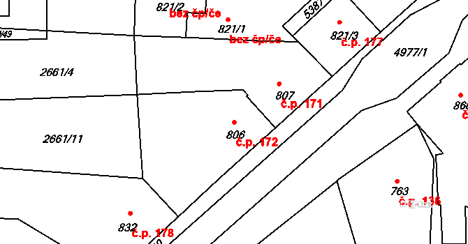 Bezděkovské Předměstí 172, Domažlice na parcele st. 806 v KÚ Domažlice, Katastrální mapa