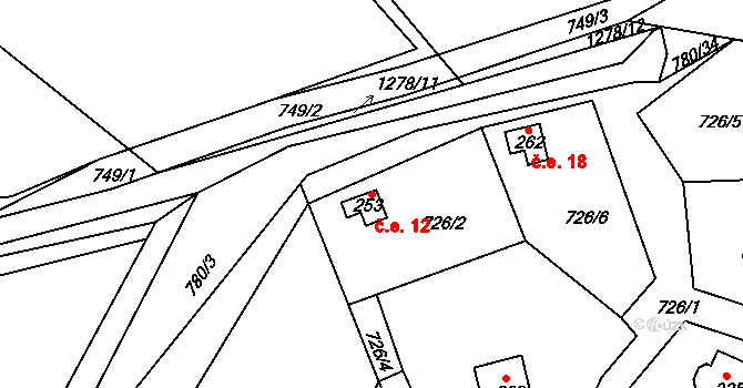 Hrádek 12 na parcele st. 253 v KÚ Hrádek u Sušice, Katastrální mapa