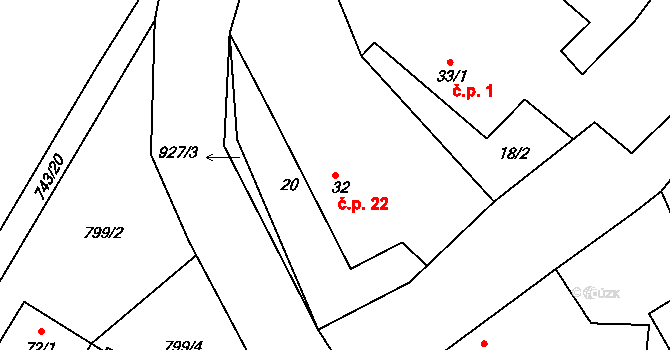 Třebýcina 22, Měčín na parcele st. 32 v KÚ Třebýcina, Katastrální mapa