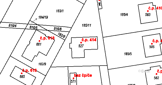 Lány 414 na parcele st. 527 v KÚ Lány, Katastrální mapa