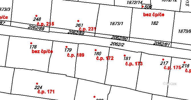 Merklín 172 na parcele st. 180 v KÚ Merklín u Přeštic, Katastrální mapa