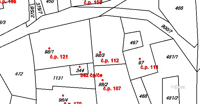 Sobíňov 112 na parcele st. 98/3 v KÚ Sobíňov, Katastrální mapa