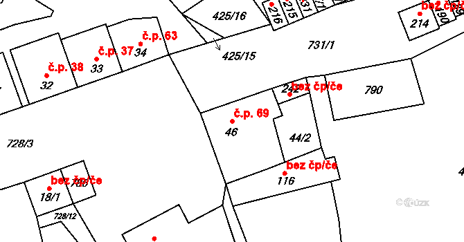 Dřevnovice 69 na parcele st. 46 v KÚ Dřevnovice, Katastrální mapa
