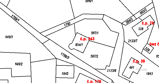 Mikulůvka 343 na parcele st. 854/1 v KÚ Mikulůvka, Katastrální mapa