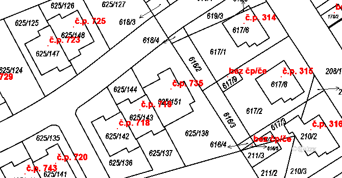Malešice 735, Praha na parcele st. 625/151 v KÚ Malešice, Katastrální mapa