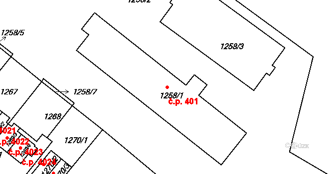 Zruč nad Sázavou 401 na parcele st. 1258/1 v KÚ Zruč nad Sázavou, Katastrální mapa