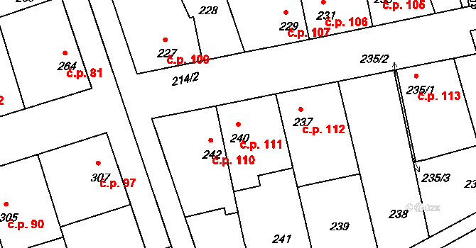 Drahelice 111, Nymburk na parcele st. 240 v KÚ Drahelice, Katastrální mapa