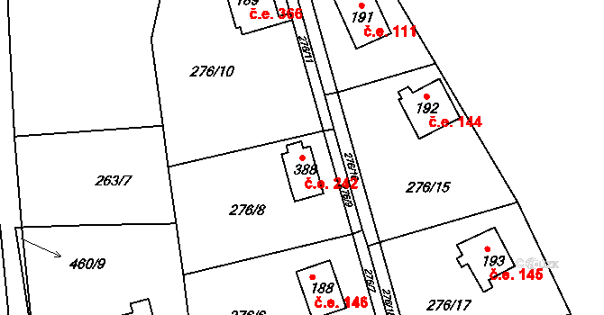 Hostěradice 242, Kamenný Přívoz na parcele st. 388 v KÚ Hostěradice, Katastrální mapa