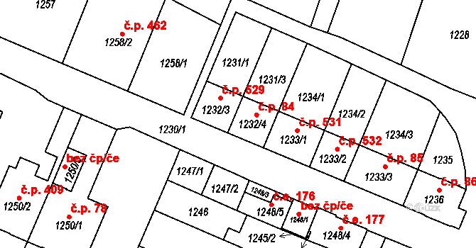 Zastávka 84 na parcele st. 1232/4 v KÚ Zastávka, Katastrální mapa