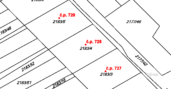 Moravský Písek 728 na parcele st. 2183/4 v KÚ Moravský Písek, Katastrální mapa